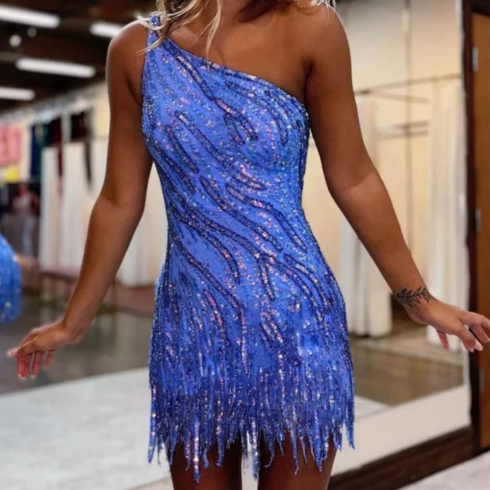 Blue Sequin One-Shoulder Mini Dress
